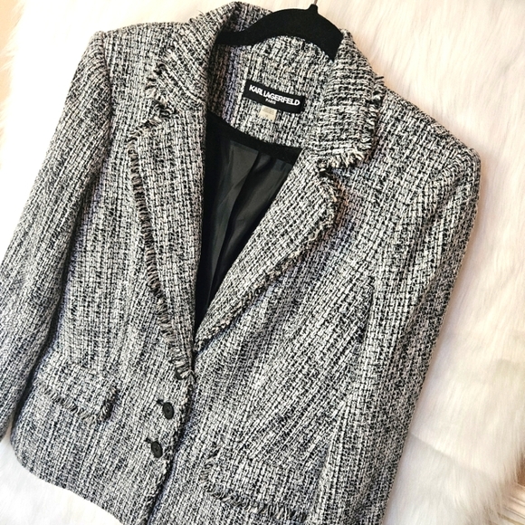 Karl Lagerfeld Paris Classic Knit Fringe Blazer - Picture 2 of 6